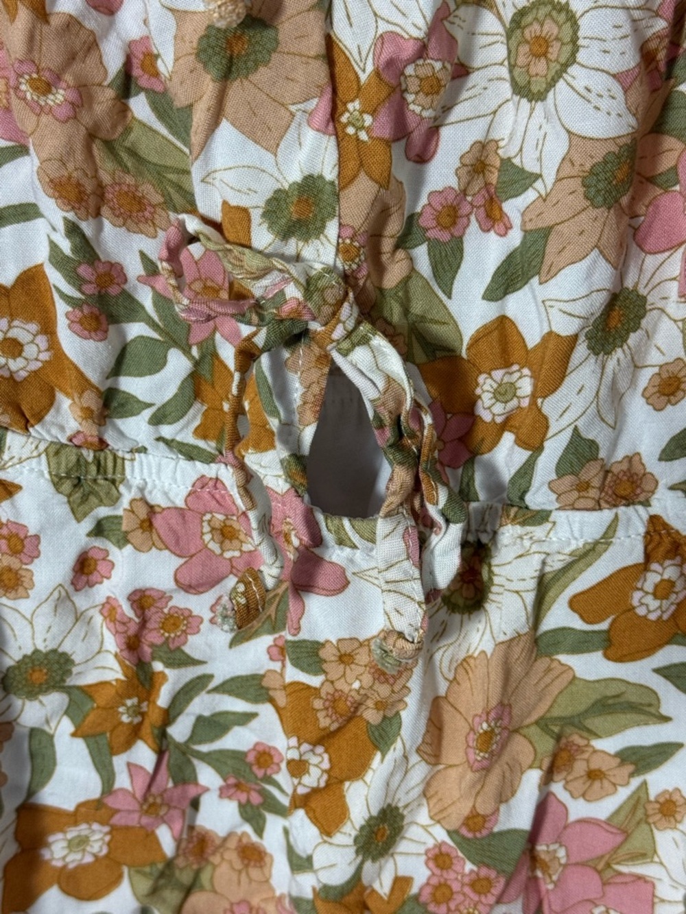 ARULA Size B Pink & Mustard Floral Tie-Neck Puff Sleeve Dress Keyhole Cutout - Picture 3 of 5